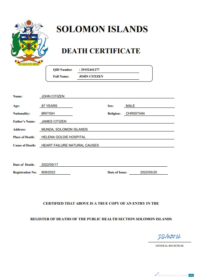 Download Solomon Islands vital record death certificate Word and PDF template Photoshop template